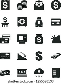 Solid Black Vector Icon Set - dollar vector, strongbox, cards, coins, reverse side of a bank card, front the, recession, financial item, money, dollars, cash, cashbox, gold bar, rain, column, mail