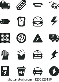 Solid Black Vector Icon Set - lightning vector, dangers, car, delivery, sausage, pizza, Hot Dog, mini, big burger, French fries, fried potato slices, Chinese chopsticks, coffe to go, sandwich