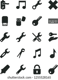 Solid Black Vector Icon Set - repair key vector, cross, small tools, adjustable wrench, door knob, lock, music, steel, text highlighter, keyboard, usb flash, note, arm with