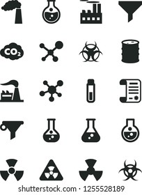 Solid Black Vector Icon Set - round flask vector, manufacture, factory, barrel, industrial building, radiation, carbon dyoxide, filter, water, research article, test tube, molecule, nuclear