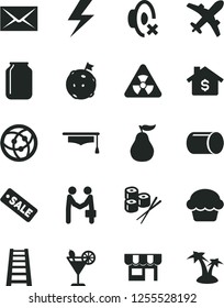 Solid Black Vector Icon Set - lightning vector, envelope, silent mode, stepladder, kiosk, cake, sushi set, cocktail, ripe guava, pipe, jar, season sale, network, nuclear, graduate hat, flag on moon