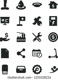 Solid Black Vector Icon Set - clean sheet of paper vector, child Kick scooter, small tools, star gear, dangers, drawer, plate, industrial building, drop oil, connection, get a wage, financial report