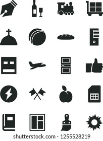 Solid Black Vector Icon Set - cargo trolley vector, bath ball, window, plastic brush, interroom door, thumb up, loaf, apple, SIM card, pc tower, usb, book, ink pen, electricity, cross flags, wine