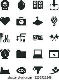 Solid Black Vector Icon Set - folder vector, toys over the cradle, accessories for a hairstyle, potty chair, yule, hook, alarm clock, heart, camera, lens, move down, lime, carbon dyoxide, speaker