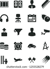 Solid Black Vector Icon Set - calendar vector, alarm clock, comb, window frame, employee, blueberries, retro car, water filter, woman, coins, headphones, pc speaker, chair, drawing compass, plane