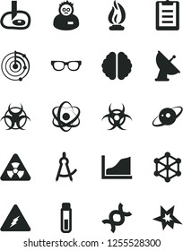 Solid Black Vector Icon Set - test tube vector, electricity, atom, glasses, nuclear, dna, brain, biohazard, flame, scientist, clipboard, drawing compass, artifical insimination, growth graph, radar