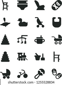Solid Black Vector Icon Set - toys over the cradle vector, mug for feeding, diaper, bib, beanbag, car child seat, baby stroller, carriage, summer, rubber duck, stacking rings, toy, tumbler, sand set