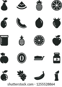 Solid Black Vector Icon Set - cake slice vector, jam, jar of, a pineapple, pear, peach, grape, red apple, strawberry, blueberry, melon, half, banana, lime, sour, orange, lemon, water, stub