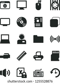Solid Black Vector Icon Set - monitor vector, keyboard, CD, volume, operator, copy, notebook pc, radiator fan, encrypting, mouse, motherboard, memory, printer, browser, folder, lan connector