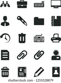 Solid Black Vector Icon Set - clip vector, briefcase, keyboard, folder, stationery knife, employee, notebook, screen, operator, pencil, conversation, motherboard, printer, trash bin, history, file