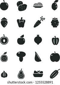 Solid Black Vector Icon Set - onion vector, mushroom, lettuce in a plate, peper, garlic, apple, apricot, raspberry, medlar, blackberry, tasty plum, half cherry, sour lime, of guawa, part guava