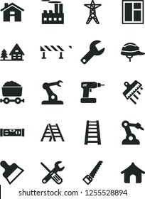 Solid Black Vector Icon Set - house vector, repair key, window, small tools, cordless drill, arm saw, stepladder, ladder, building level, helmet, putty knife, spatula, road fence, power line, forest