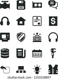 Solid Black Vector Icon Set - dwelling vector, headphones, move left, valve, caliper, column of coins, scheme, financial item, calendar, newspaper, gpu card, floppy, bulb, patente, dialog, atm