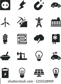 Solid Black Vector Icon Set - incandescent lamp vector, lightning, heating coil, storm cloud, a bowl of buckwheat porridge, charging battery, solar panel, oil derrick, coal mining, windmill, bulb