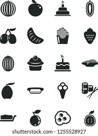 Solid Black Vector Icon Set - birthday cake vector, mini hot dog, slices of onion, muffin, slice, fried potato, sushi set, cone, omelette, strawberry, blueberry, tasty cornels, melon, water, loquat
