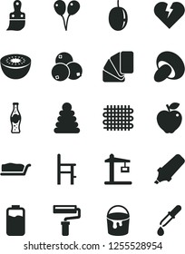Solid Black Vector Icon Set - paint roller vector, stacking rings, a chair for feeding, colored air balloons, bucket, sample of colour, plastic brush, broken heart, porcini, cake slice, bottle soda