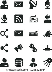 Solid Black Vector Icon Set - desktop microphone vector, envelope, keyboard, horn, rss feed, employee, big data, operator, satellite dish, connection, connections, loudspeaker, dispatcher, connect