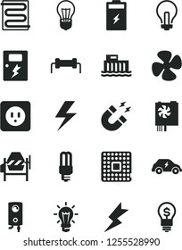 Solid Black Vector Icon Set - lightning vector, incandescent lamp, concrete mixer, power socket type b, dangers, heating coil, boiler, fan screw, charging battery, bulb, hydroelectric station, idea