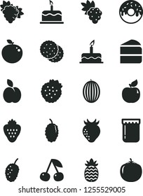 Solid Black Vector Icon Set - cake vector, piece of, glazed with a hole, jam, strawberry, strawberries, apple, biscuit, cherry, grape, branch, apricot, mulberry, tasty, melon, delicious, pineapple
