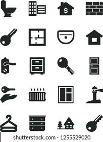 Solid Black Vector Icon Set - bedside table vector, chest of drawers, dwelling, brickwork, window, sink, toilet, laying out, key, door knob, interroom, city block, hanger, aluminum radiator