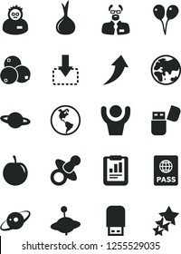 Solid Black Vector Icon Set - dummy vector, yule, colored air balloons, passport, planet, move down, blueberries, tasty plum, onion, Earth, statistical report, usb flash, scientist, saturn, arrow up