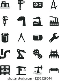 Solid Black Vector Icon Set - repair key vector, crane, working oil derrick, water pipes, manufacture, factory, hydroelectric station, industrial building, gears, processor, pipe, robot welder