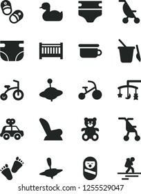 Solid Black Vector Icon Set - baby cot vector, toys over the cradle, diaper, nappy, car child seat, summer stroller, sitting, rubber duck, motor vehicle present, roly poly doll, children's sand set