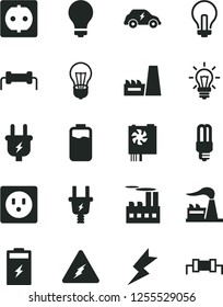 Solid Black Vector Icon Set - matte light bulb vector, incandescent lamp, lightning, charge level, charging battery, factory, plug, electric, power socket, industrial building, thermal plant