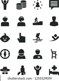 Solid Black Vector Icon Set - image of thought vector, hat with glasses, a chair for feeding child, funny hairdo, workman, index finger, coins, racer, builder, woman, goal, operator, winner, flying