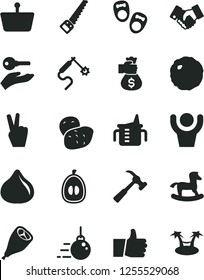 Solid Black Vector Icon Set - measuring cup for feeding vector, small rocking horse, shoes little children, big core, arm saw, hammer with claw, thumb up, grill chicken leg, cabbage, fig, potato