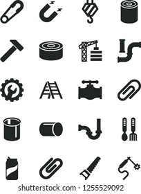 Solid Black Vector Icon Set - clip vector, safety pin, iron fork spoons, tower crane, hook, hand saw, ladder, sewerage, gear, hammer, canned goods, tin, soda can, valve, water pipes, magnet, pipe