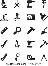 Solid Black Vector Icon Set - yardstick vector, trowel, cordless drill, hand saw, arm, long meashuring tape, plummet, putty knife, temperature, hammer, with claw, mercury thermometer, outdoor