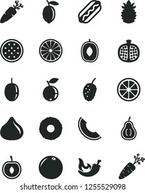 Solid Black Vector Icon Set - Hot Dog vector, chili, carrot, half pomegranate, fig, blueberry, tasty mulberry, slice of melon, delicious plum, cherry, passion fruit, lemon, juicy, orange, grapefruit