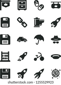 Solid Black Vector Icon Set - floppy disk vector, spectacles, hat with glasses, camera roll, bedside table, tricycle, child shoes, abacus, umbrella, plate, retro car, vintage sign, rocket, space