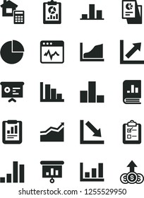 Solid Black Vector Icon Set - pie chart vector, bar, growth, negative, positive histogram, estimate, cardiogram, survey, statistical report, overview, book on statistics, research, presentation