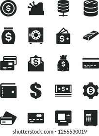 Solid Black Vector Icon Set - bank card vector, purse, dollar, big data server, strongbox, cards, front of the, column coins, money, dollars, cash, cashbox, gold bar, coin, gear, wallet, mail, atm