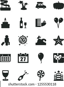 Solid Black Vector Icon Set - daily calendar vector, colored air balloons, balloon, birthday cake, lollipop, glass, pumpkin, wall, giftbox, wine, champagne, car baggage, passenger, hotel, palm tree