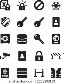 Solid Black Vector Icon Set - prohibition vector, key, road fence, lock, passport, strongbox, encrypting, big data, biohazard, rope barrier, identity card, surveillance, access, shield, life vest