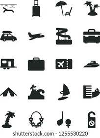 Solid Black Vector Icon Set - suitcase vector, plane, car baggage, camper, rolling, ticket, hotel, tent, beach, arnchair under umbrella, palm tree, hawaii wreath, aquapark, surfing, golf, yacht