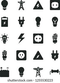 Solid Black Vector Icon Set - lightning vector, danger of electricity, matte light bulb, saving, power socket type b, f, charging battery, accumulator, line, pole, plug, electric, energy, resistor