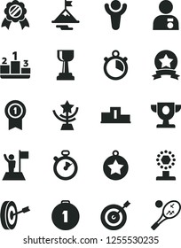 Solid Black Vector Icon Set - pedestal vector, stopwatch, winner, prize, cup, gold, star, man with medal, flag, motivation, target, purpose, first place, pennant, ribbon, tennis