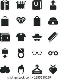 Solid Black Vector Icon Set - paper bag vector, purse, hat with glasses, comb, winter, warm, handles, T shirt, folded, hanger, cloth industry, diamond, gold ring, baggage, getting, heart pendant
