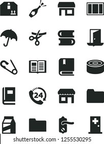 Solid Black Vector Icon Set - folder vector, open pin, e, books, window frame, door knob, book, umbrella, cardboard box, 24, package, canned goods, kiosk, stall, exit, grand opening, champagne