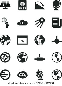 Solid Black Vector Icon Set - sign of the planet vector, globe, passport, solar panel, Earth, CO2, carbon dyoxide, recession, newspaper, network, browser, connect, man hold world, first satellite