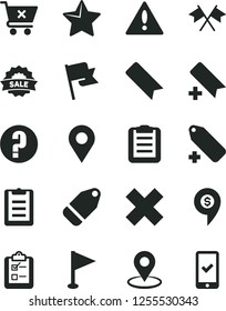 Solid Black Vector Icon Set - warning vector, add bookmark, cross, label, pennant, question, star, flag, crossed cart, survey, location, geolocation, sale, clipboard, flags, dollar pin