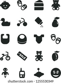 Solid Black Vector Icon Set - baby powder vector, bib, Child T shirt, rubber duck, toy mobile phone, teddy bear, small, children's hairdo, yule, bicycle, tricycle, shoes for little children, pear