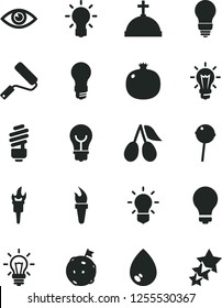 Solid Black Vector Icon Set - matte light bulb vector, new roller, saving, eye, drop, Chupa Chups, pomegranate, cornels, flame torch, flag on moon, crown with cross, three stars