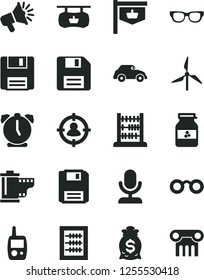 Solid Black Vector Icon Set - floppy disk vector, camera roll, new abacus, toy mobile phone, alarm clock, jar of jam, windmill, retro car, vintage sign, antique advertising signboard, man in sight