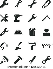 Solid Black Vector Icon Set - paint roller vector, repair key, safety pin, building trowel, small tools, adjustable wrench, cordless drill, hand saw, paving slab, road fence, hammer, builder, pipes
