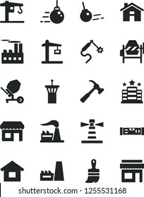 Solid Black Vector Icon Set - house vector, crane, dwelling, big core, concrete mixer, wooden paint brush, building level, hammer with claw, factory, industrial, thermal power plant, Construction
